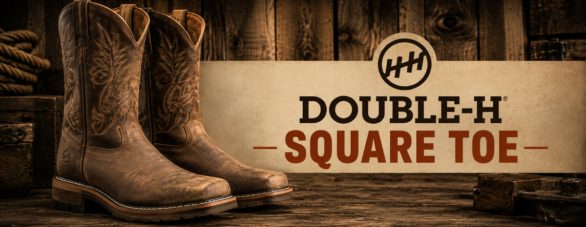 A pair of brown western cowboy boots with embroidered stitching, displayed on a rustic wooden surface next to a branded sign that reads 'DOUBLE-H SQUARE TOE' with a Double-H logo.