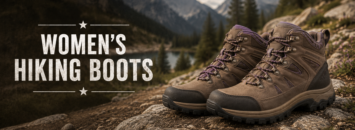 Pair of women's hiking boots in brown and tan with purple laces, resting on a rocky mountain path with a scenic lake and pine forest in the background.