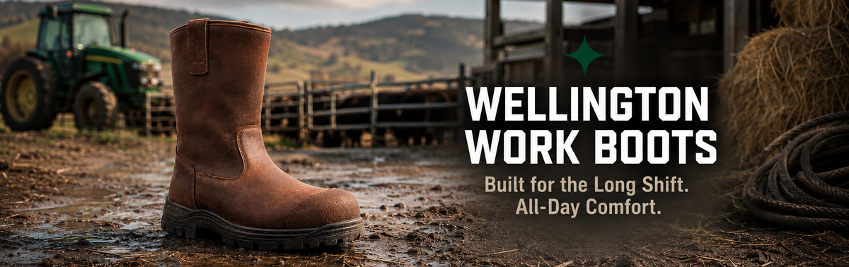 Pull-on Wellington work boots.