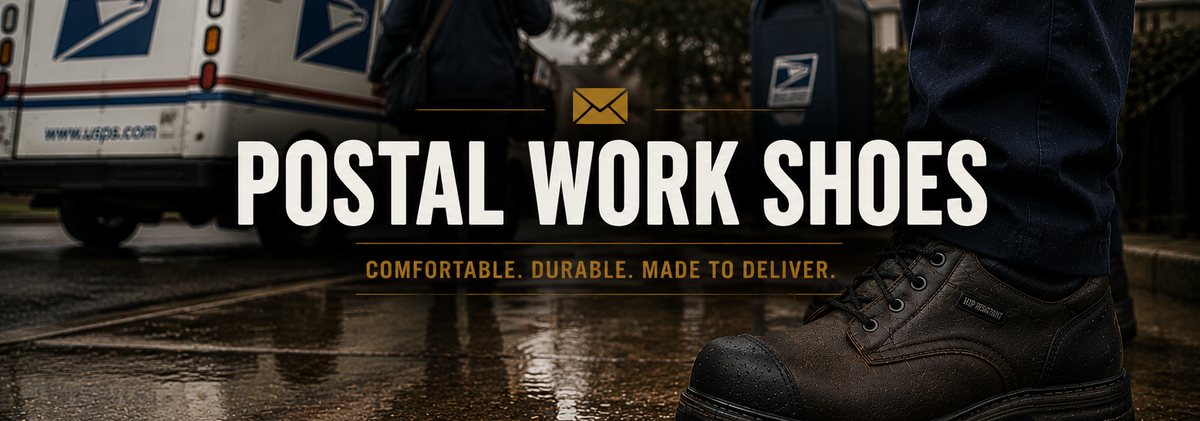 A close-up of a person's foot wearing a dark brown work boot, standing on wet pavement next to a USPS mail truck. Large white text reads 'POSTAL WORK SHOES' with a yellow USPS logo.