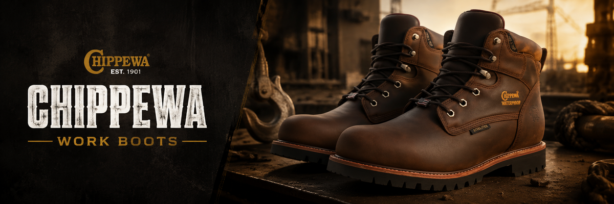 A pair of brown leather Chippewa work boots displayed on a dark industrial surface with the Chippewa brand logo and name on the left side of the image.