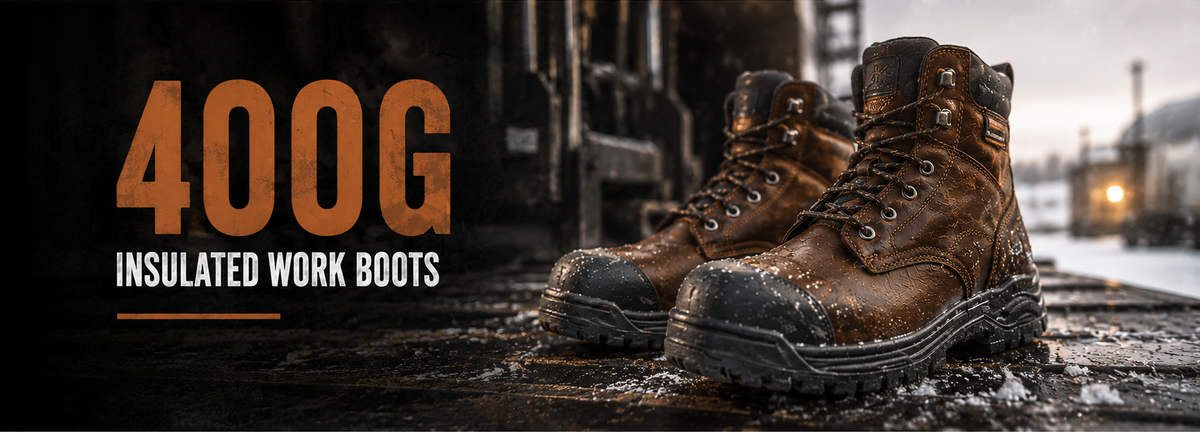 A pair of rugged brown insulated work boots with black soles, shown standing on wet pavement in an industrial outdoor setting. Large text on the left reads '400G INSULATED WORK BOOTS'.