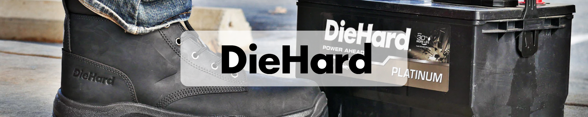 DieHard logo with black work boot beside DieHard Platinum battery