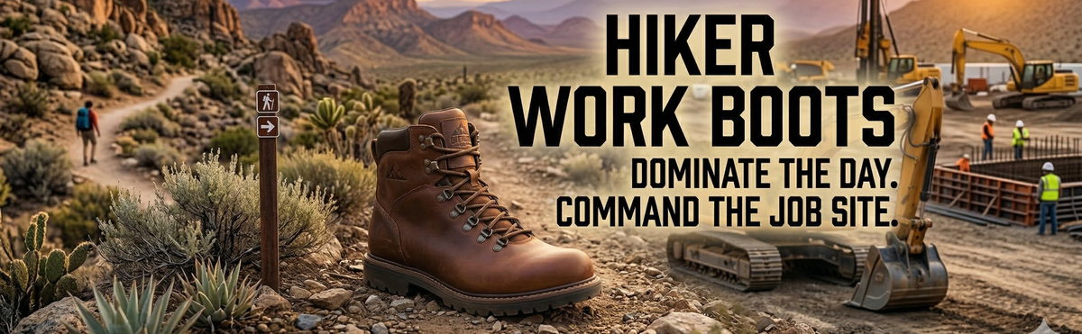 Hiking work boots for rugged outdoor trails.
