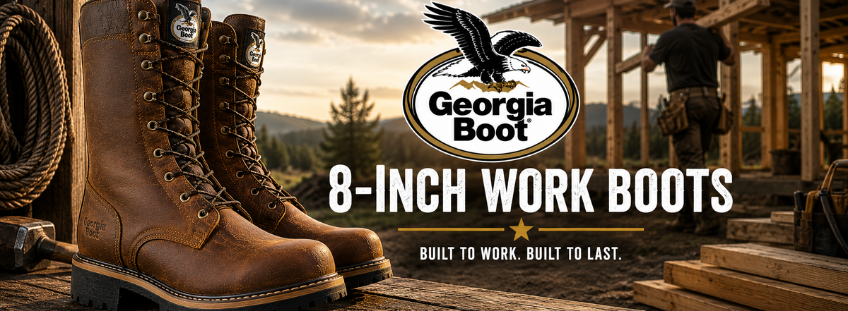Pair of brown leather 8-inch work boots by Georgia Boot, shown prominently in the foreground on a rustic wooden surface.