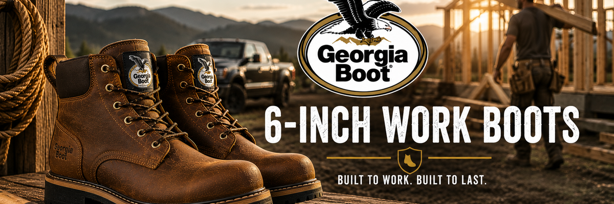 A pair of brown leather 6-inch work boots displayed on a wooden surface in a construction setting, with the Georgia Boot logo and the text '6-INCH WORK BOOTS' prominently overlaid.
