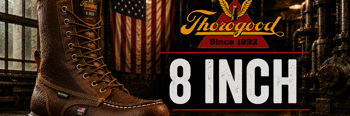 A brown leather lace-up work boot is shown in a dark industrial setting with an American flag and large text reading 'Thorogood Since 1892' and '8 INCH'.