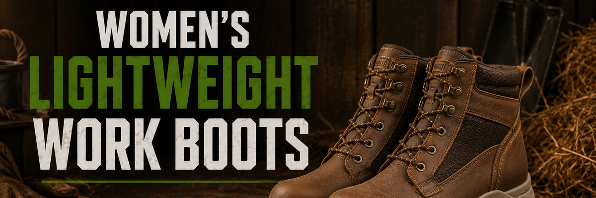Pair of women's brown leather work boots with dark mesh side panels and lace-up fronts.
