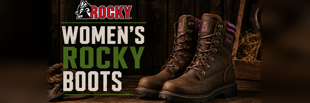 Women's dark brown Rocky work boots on a rustic wooden surface.
