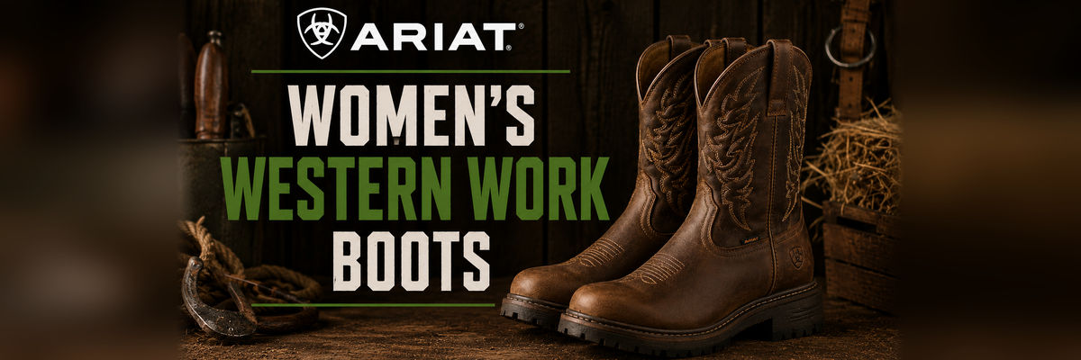 A pair of brown leather western work boots displayed on a rustic wooden surface with western-themed props, alongside the text 'ARIAT WOMEN'S WESTERN WORK BOOTS' on a dark wood background.