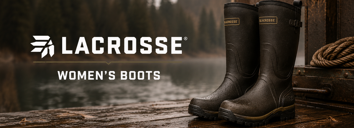 Pair of dark brown Lacrosse women's rubber boots standing on a wet wooden dock with a blurred forest and water in the background.