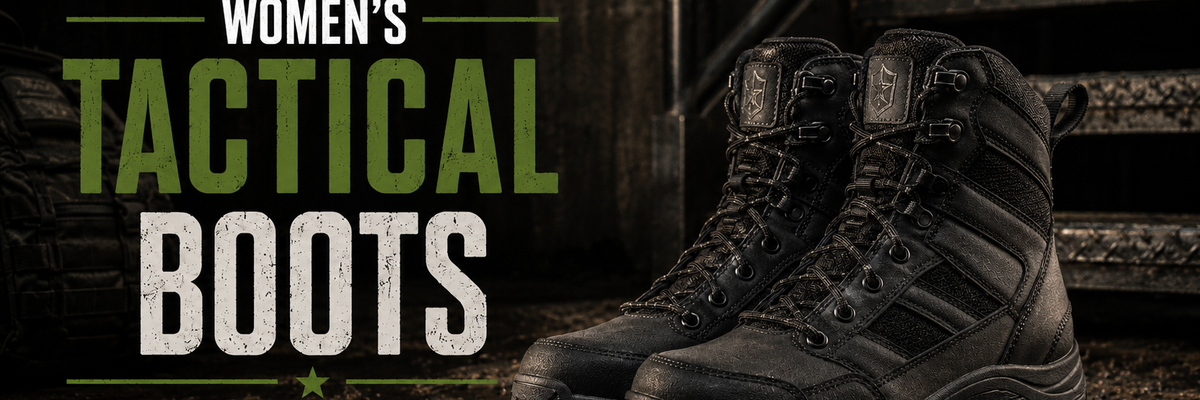 A pair of black women's tactical boots displayed on a dark, muddy surface with metal stairs in the background, next to large text reading 'WOMEN'S TACTICAL BOOTS'.
