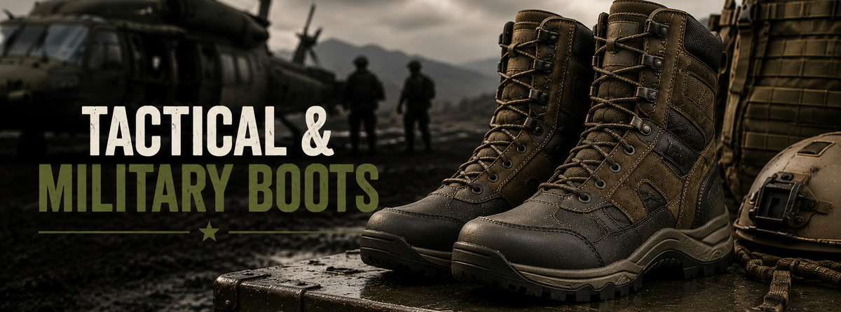 Pair of rugged tactical military boots displayed on a metal case in a military-themed setting with a helicopter, soldiers, and mountains in the background.