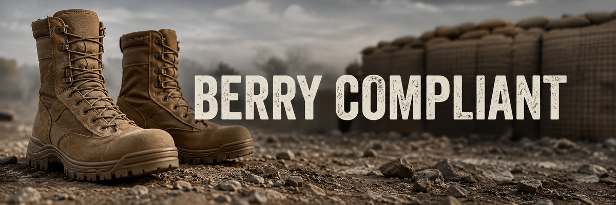 A pair of tan combat boots on a rocky ground with a blurred military-style background and large text reading 'BERRY COMPLIANT'.
