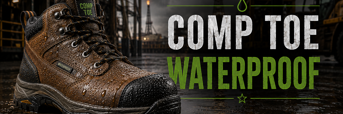 A brown waterproof work boot with a black toe cap, shown in a wet industrial setting with large text reading 'COMP TOE WATERPROOF' on the right.