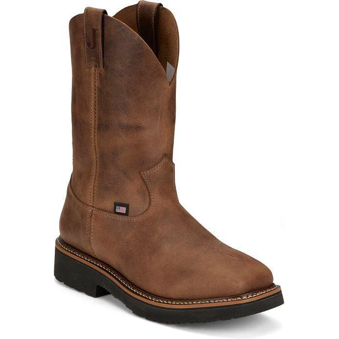 Justin Men's Ames 11" Soft Toe Waterproof Pull On Slip Resistant Work Boot - Walnut Brown - HL4222 7 / Medium / Brown - Overlook Boots