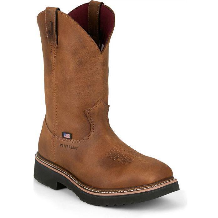 Justin Men's Ames 11" Soft Toe Waterproof Pull On Slip Resistant Work Boot - Walnut Brown - HL4224 7 / Medium / Brown - Overlook Boots