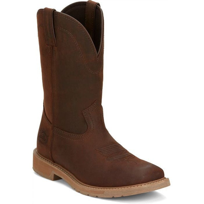 Justin Men's Buster 11" Square Toe Slip Resistant Pull On Work Boot - Pecan Brown - SE3100 - Overlook Boots