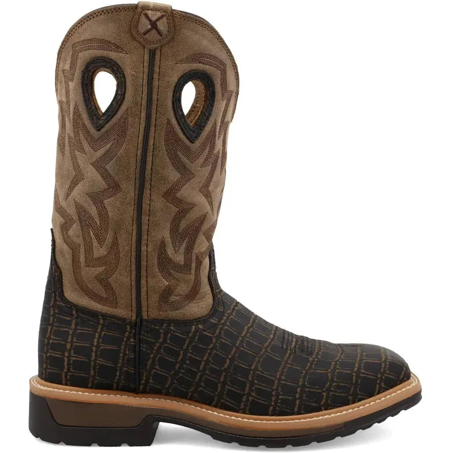 Twisted X Men's 12" Alloy Toe Slip Resistant Western Work Boot - Caiman Print & Bomber - MLCA003 7 / Medium / Brown - Overlook Boots