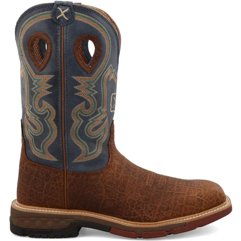 Twisted X Men's CellStretch 12" Alloy Toe Pull On Western Work Boot - Distressed Saddle & Peacock - MXBA005 7 / Medium / Brown - Overlook Boots
