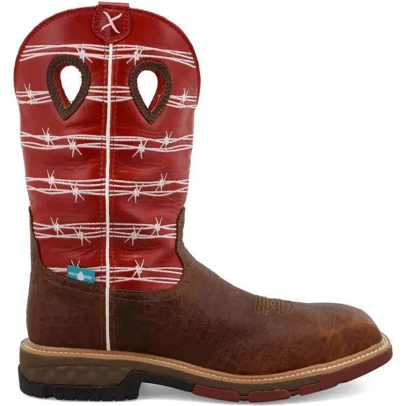 Twisted X Men's CellStretch 12" Composite Toe Waterproof Pull On Western Work Boot - Distressed Saddle & Ruby - MXBNW01 7 / Medium / Brown - Overlook Boots