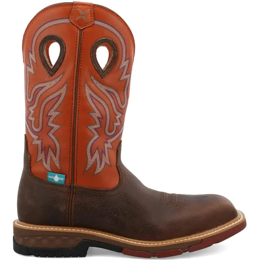 Twisted X Men's CellStretch 12" Composite Toe Waterproof Pull On Western Work Boot - Brown & Orange - MXBNW03 7 / Medium / Brown - Overlook Boots