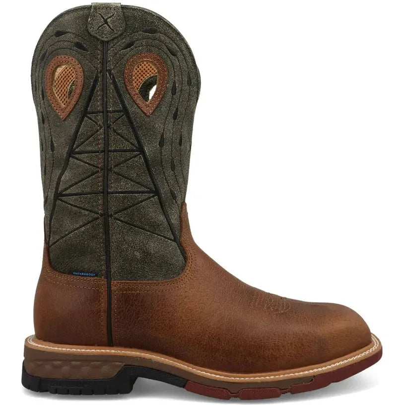Twisted X Men's 12" Composite Toe Waterproof Pull On Western Work Boot - Lion & Dark Olive - MXBNW11 7 / Medium / Brown - Overlook Boots