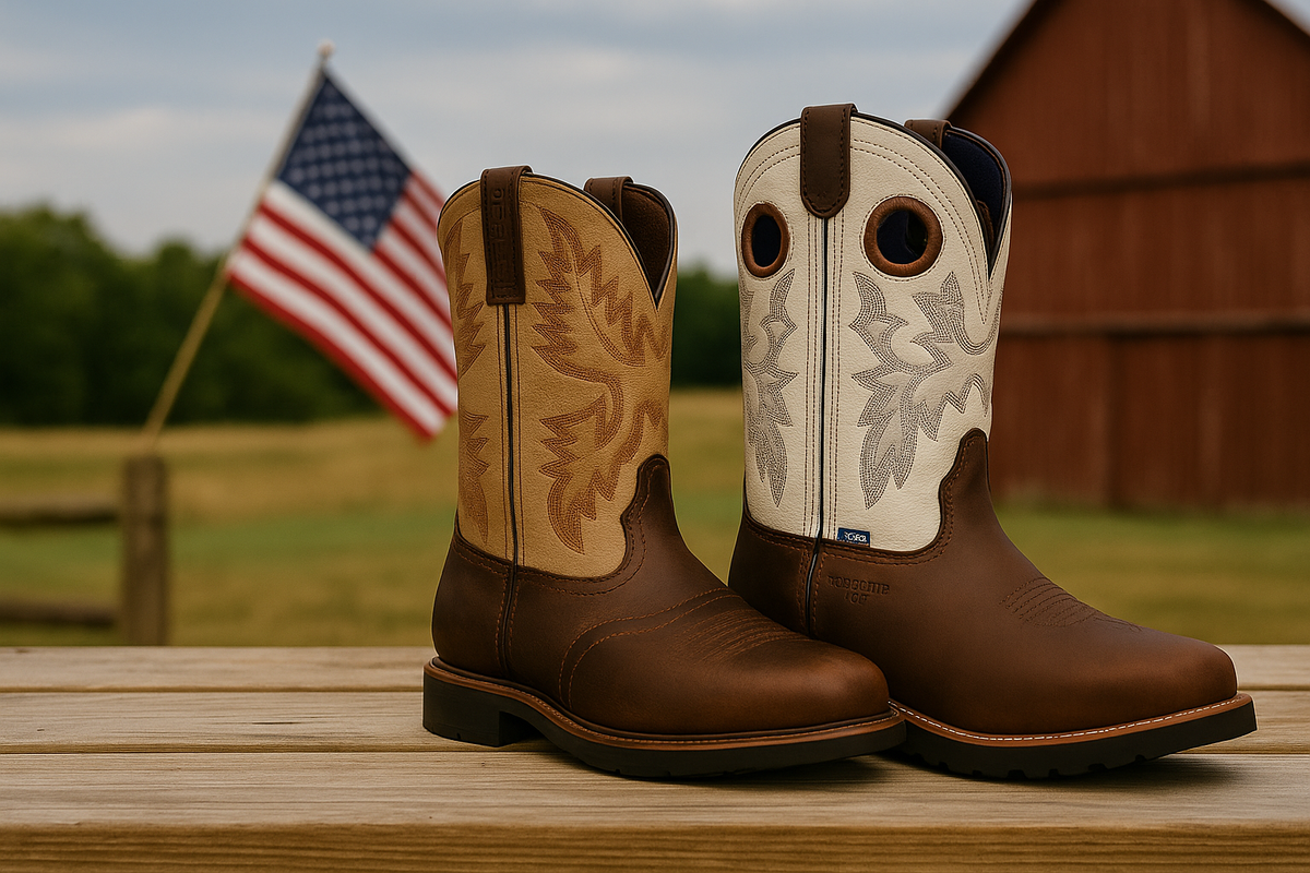 Side-by-side Justin and Tony Lama work boots displayed on a wooden table with a waving American flag and barn in the background, highlighting authentic western craftsmanship and American pride.