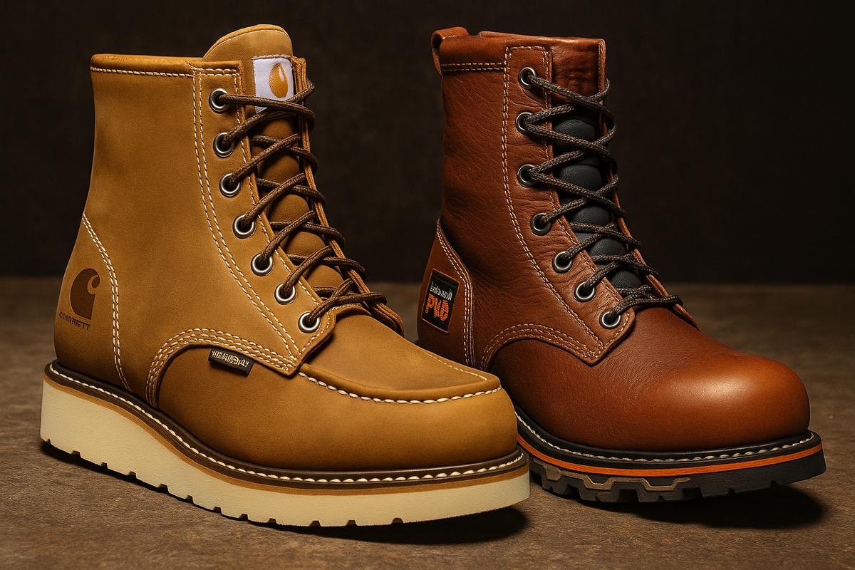 Carhartt and Timberland PRO work boots side by side on a dark background, showcasing their rugged materials and design.