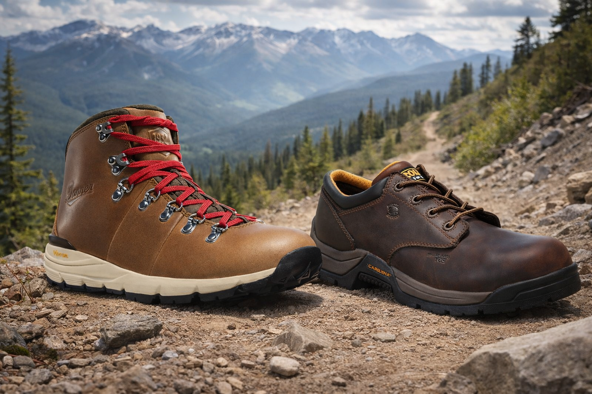 Side-by-side high cut hiking boot and low cut work boot on a rugged mountain trail, showing ankle coverage, traction, and fit differences for outdoor work and hiking.