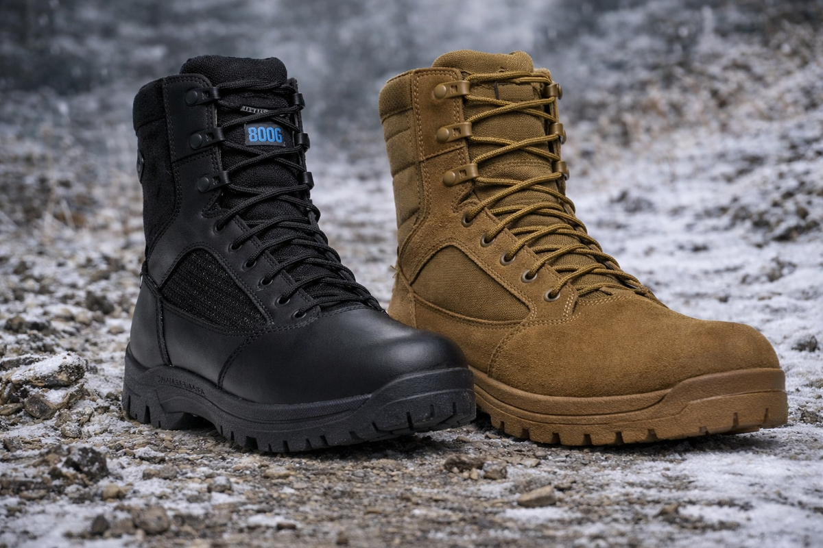 Close-up view of a tactical boot and a combat boot placed side by side on a cold, snowy ground surface, showing differences in shape, materials, and tread design.