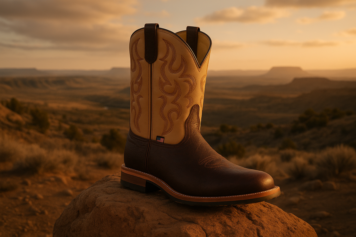 Double H Men’s Graham 11-inch Steel Toe USA Made Western Work Boot resting on a rock at sunset with a wide western landscape in the background.