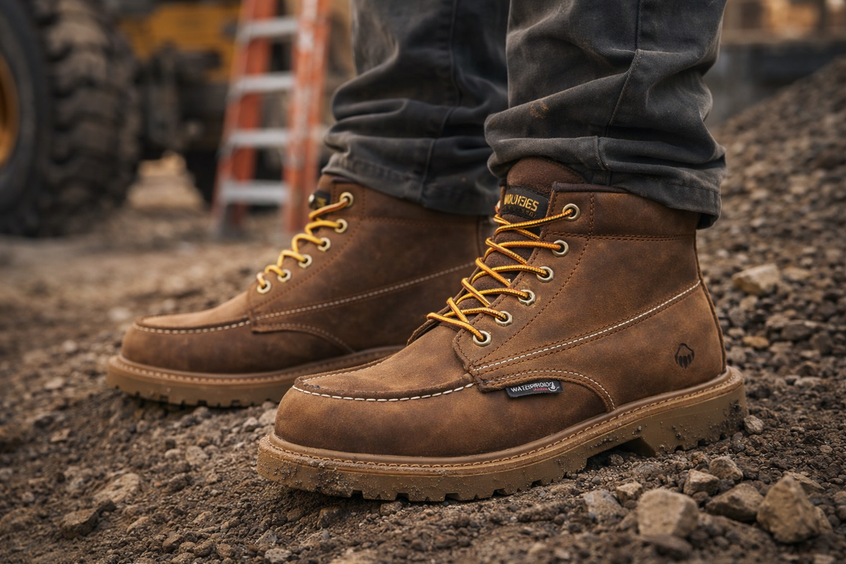 Brown Wolverine work boots designed for all-day wear on hard jobsite surfaces