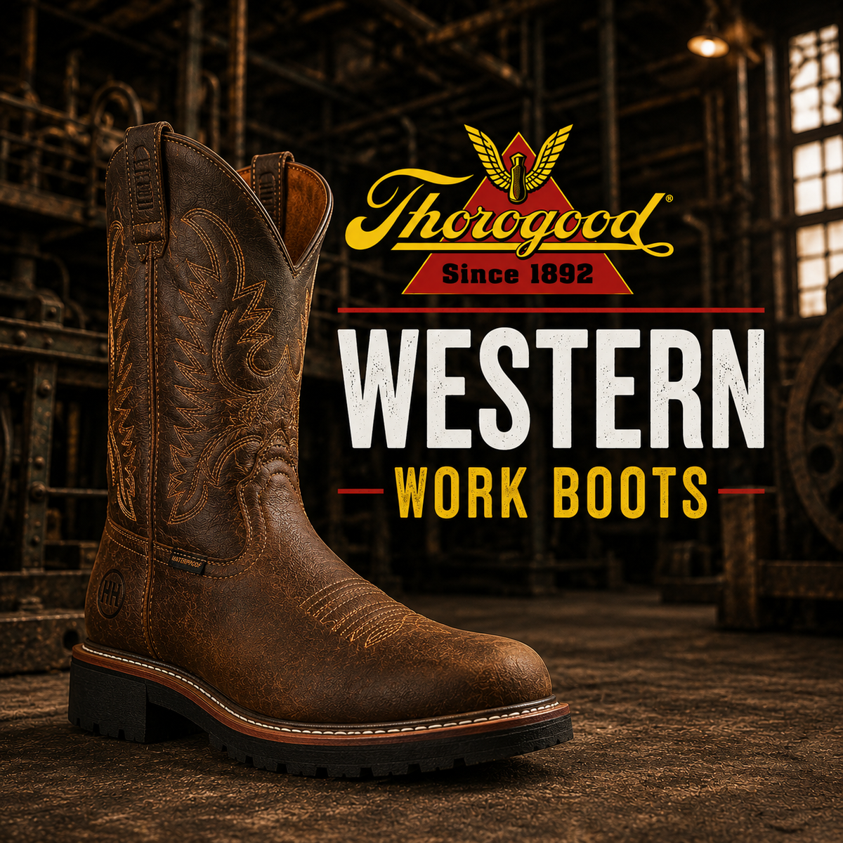 A brown leather waterproof pull-on western boot with stitched shaft and lug outsole.