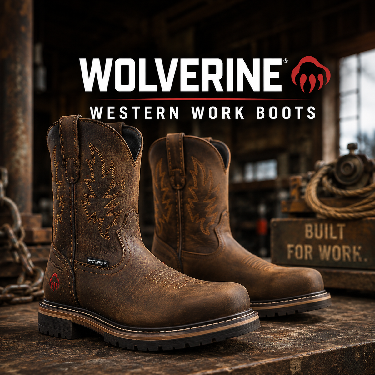 Brown leather waterproof square toe pull-on boots with stitched shafts.