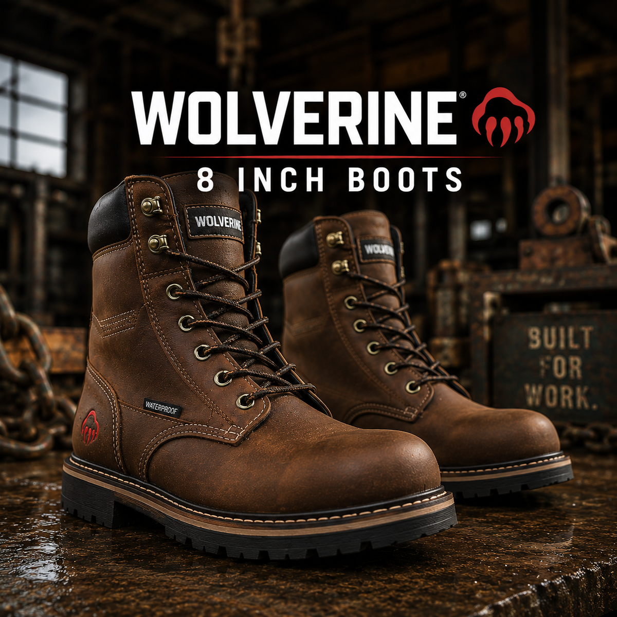 Brown leather waterproof eight-inch lace-up work boots with lug outsoles.