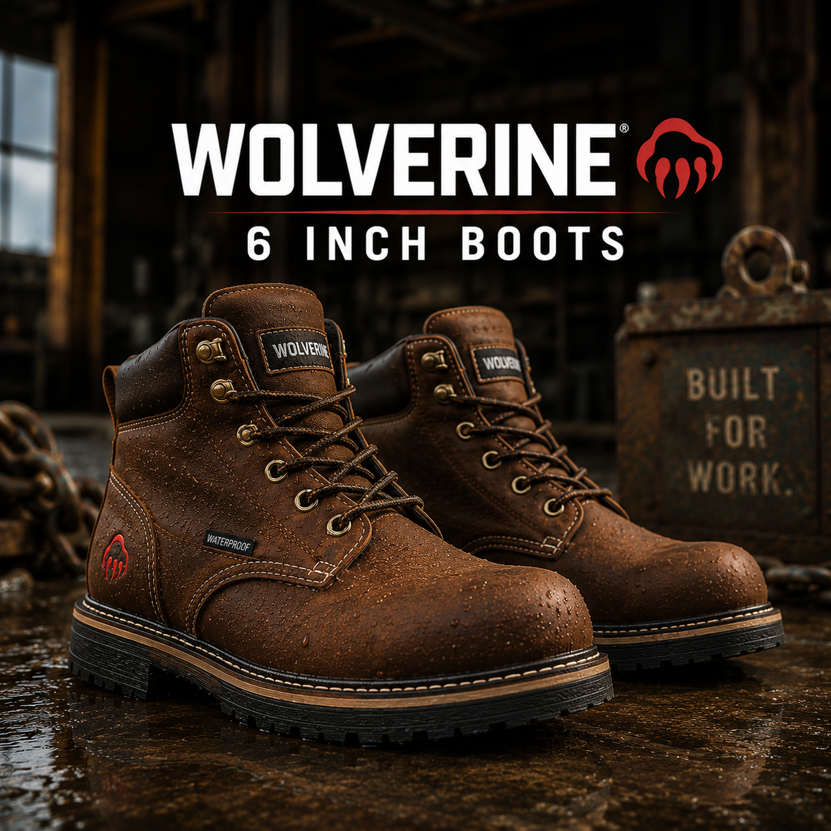 Brown leather waterproof six-inch lace-up work boots with lug outsoles.