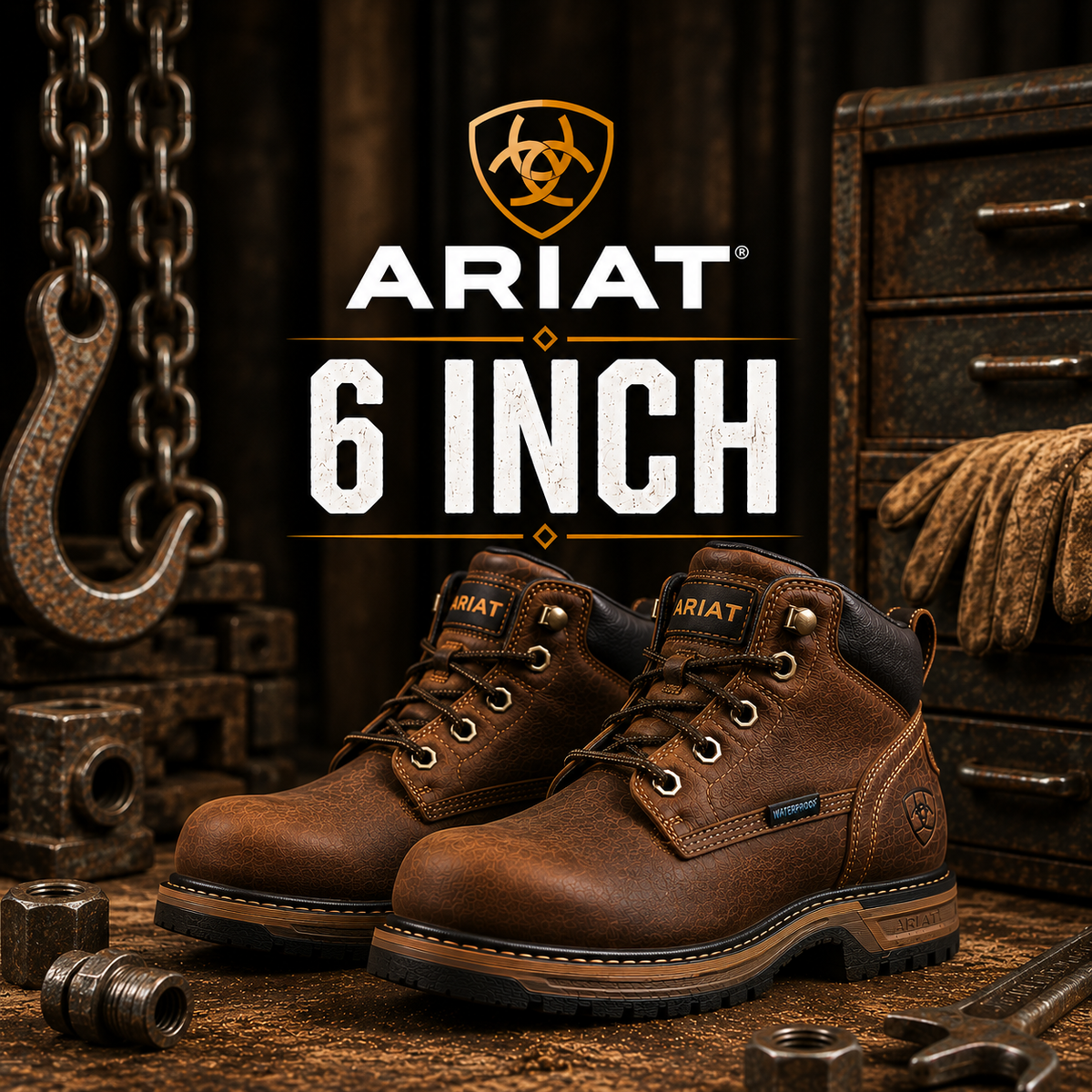 Pair of Ariat 6-inch work boots in brown leather, displayed on a rustic wooden workbench with heavy machinery and tools in the background.