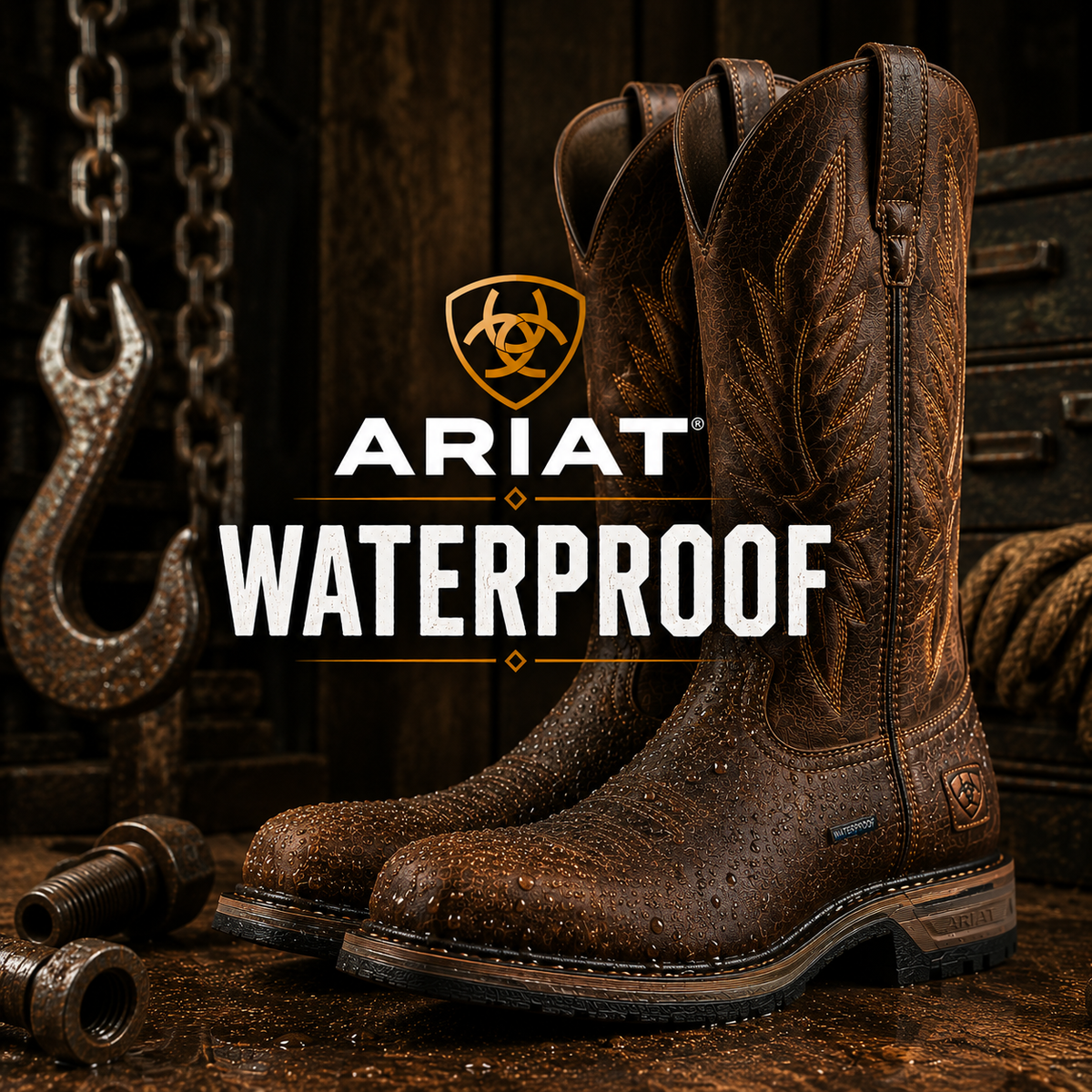 A pair of Ariat waterproof brown leather cowboy boots displayed against a dark rustic background with the text 'ARIAT WATERPROOF' and the Ariat logo.