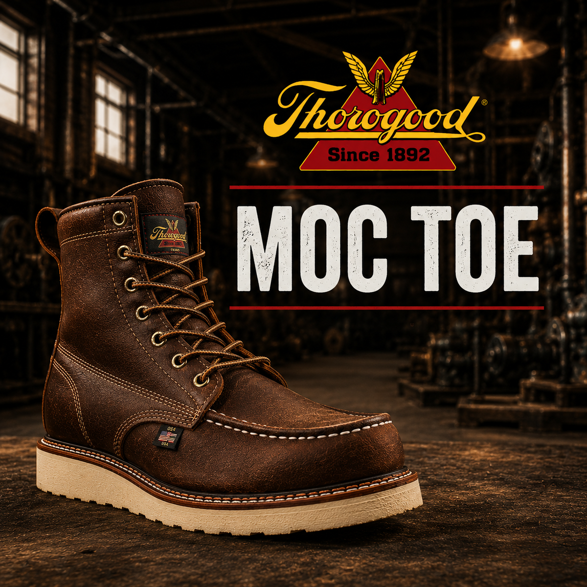 A brown leather moc toe boot with contrast apron stitching on a white wedge outsole.