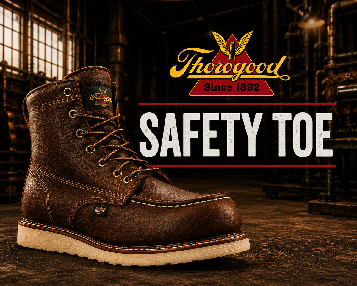 A brown leather moc toe boot with brass eyelets on a white wedge outsole.