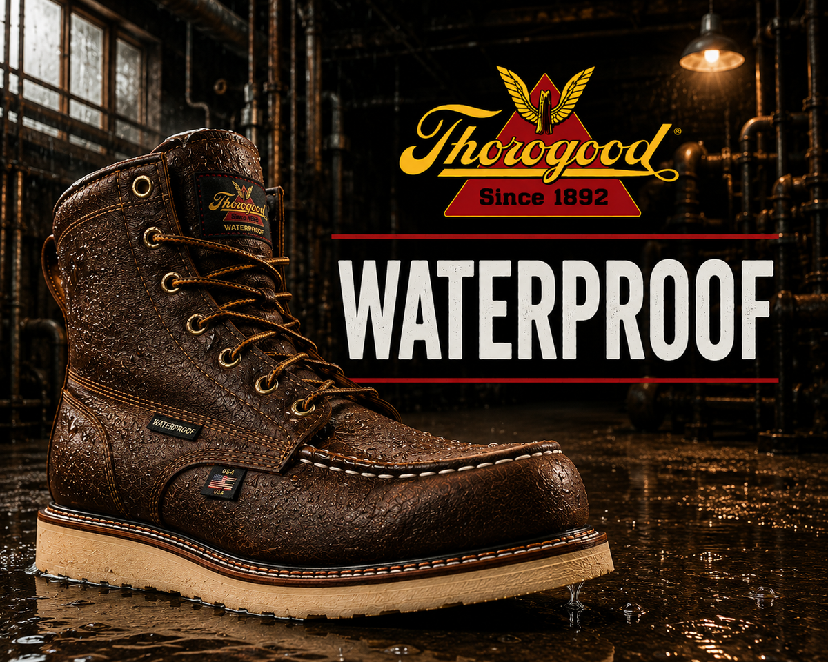 A brown leather waterproof moc toe boot on a white wedge outsole in the wet.