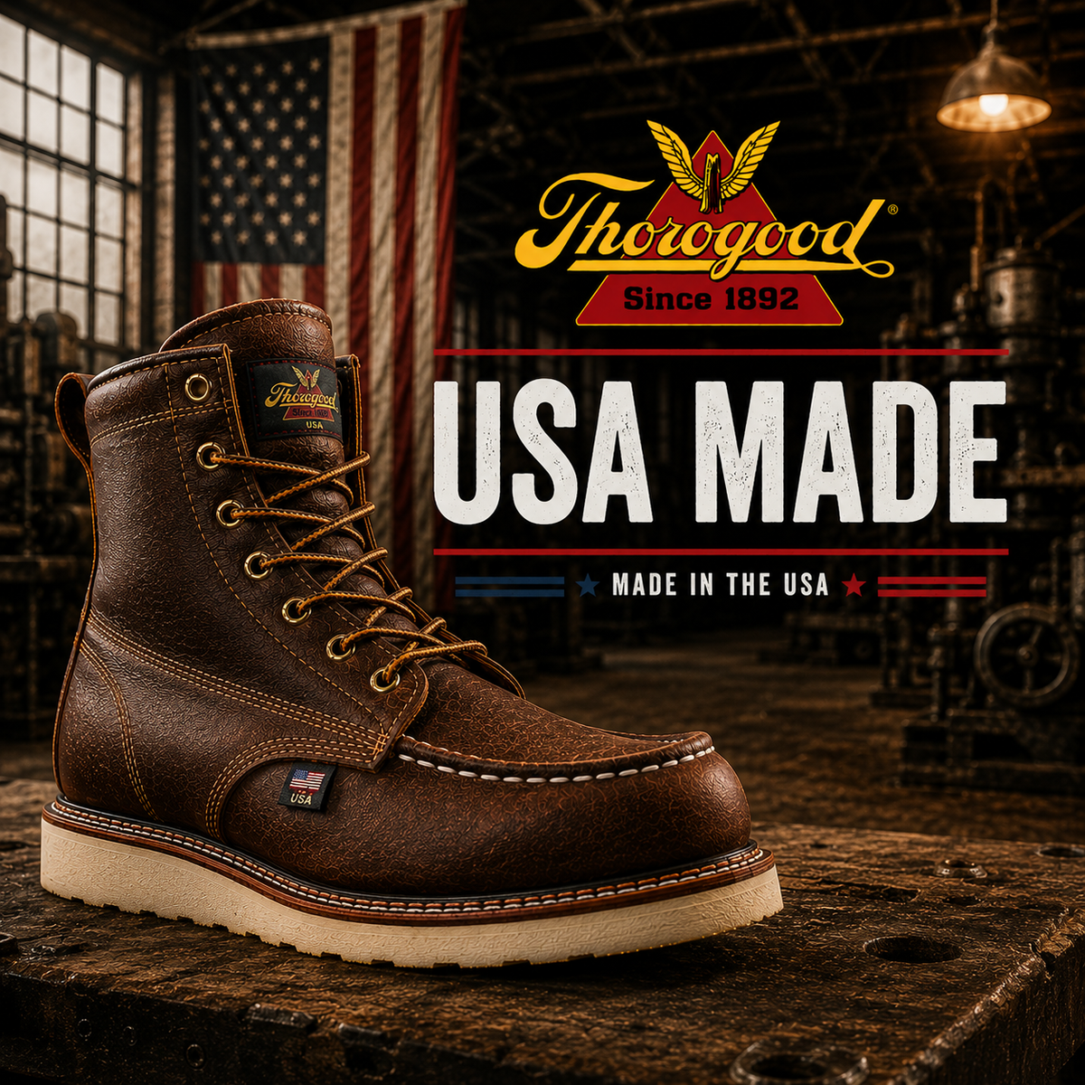 A brown leather moc toe boot with USA flag tag on a white wedge outsole.