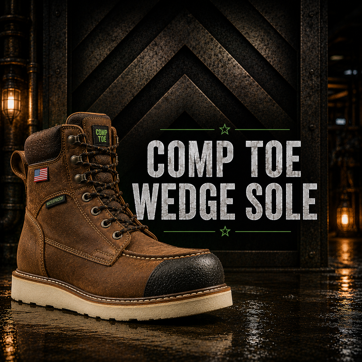 A brown leather work boot with a wedge sole, shown on a rustic wooden floor.