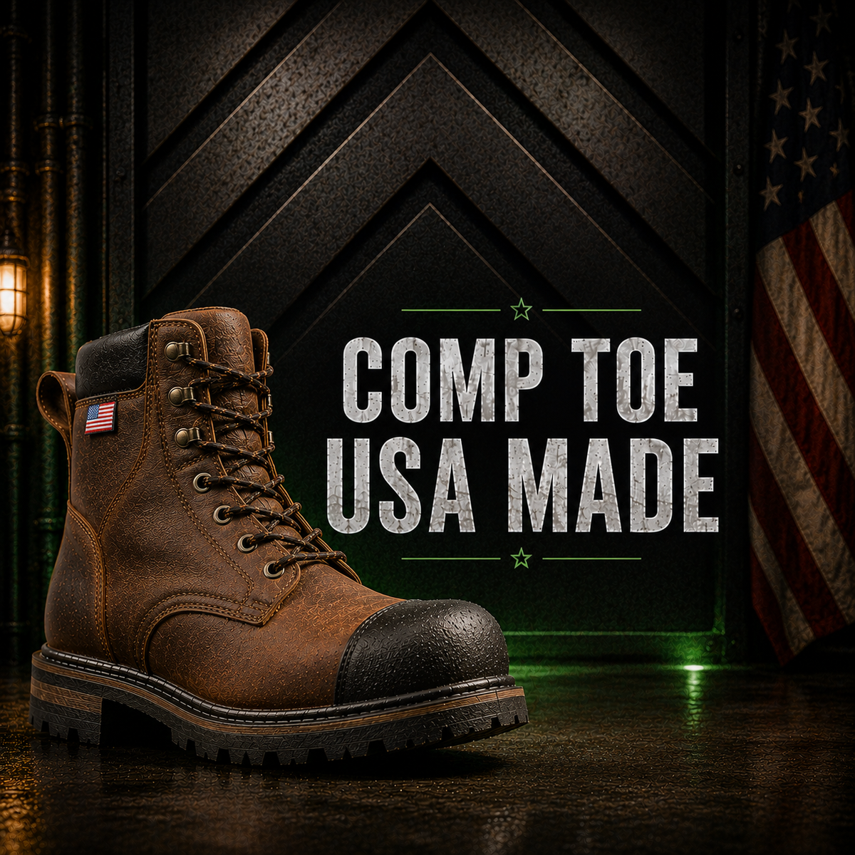 A brown leather six-inch work boot with USA flag patch, rubber toe guard and lug outsole.