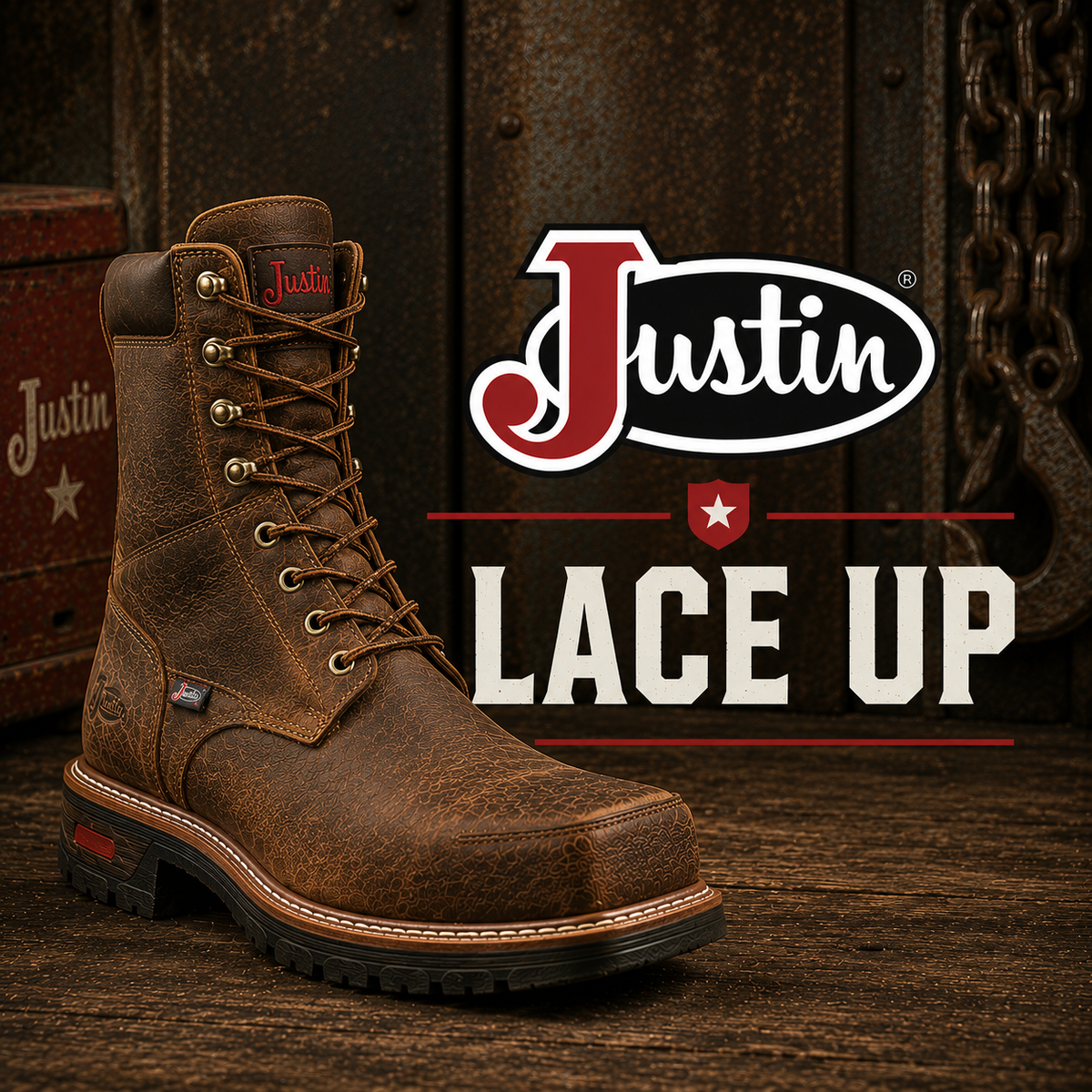 Justin work boots with traditional lace-up fronts.