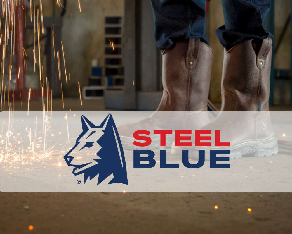 Steel Blue work boots worn by man using a grinder