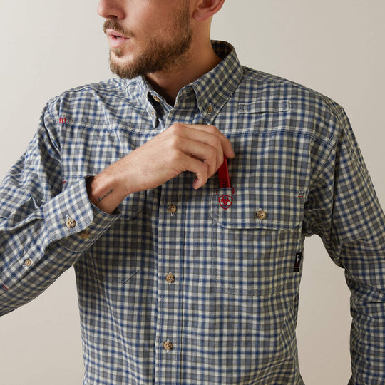 Ariat Men's Flame Resistant Plaid Featherlight Work Shirt Sky Plaid - 10043545 - Overlook Boots