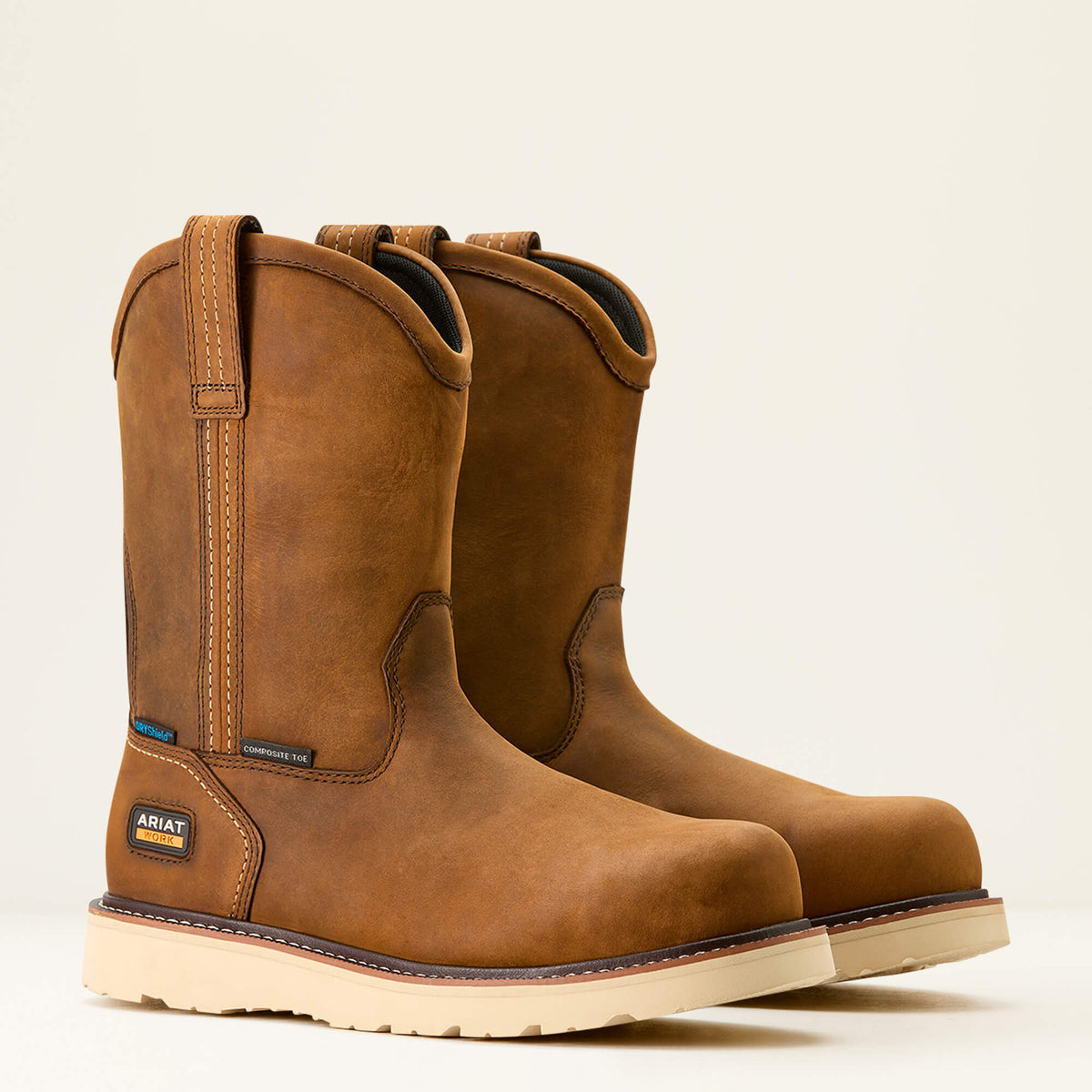 Ariat Men's Rebar 10" Composite Toe Waterproof Pull-On Wedge Work Boot - Distressed Brown - 10053613 6 / Medium / Brown - Overlook Boots