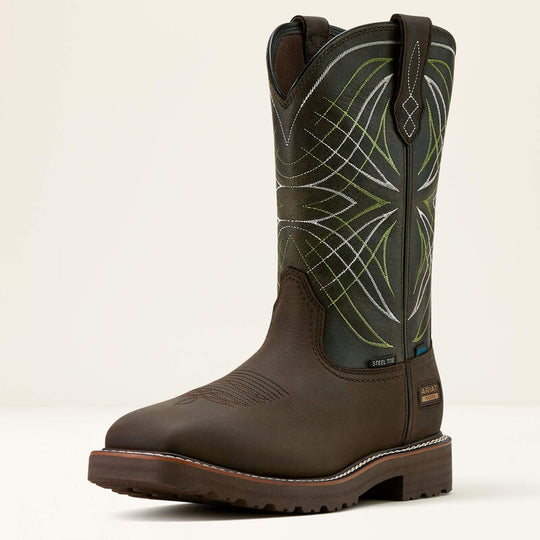Ariat Men's Activator 11" Steel Toe Waterproof Western Work Boot- Brown/Green- 10060892 - Overlook Boots